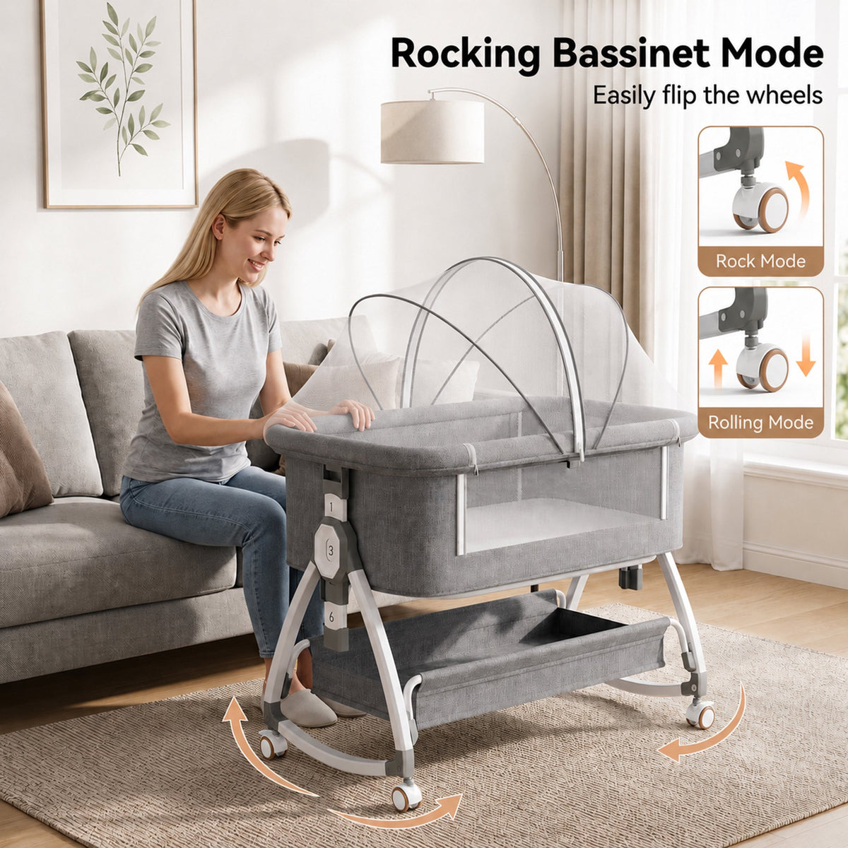 Chastar Bassinet Bedside, Portable Baby Crib with 6 Adjustable Heights and Breathable Mesh Panels, Foldable, Gray