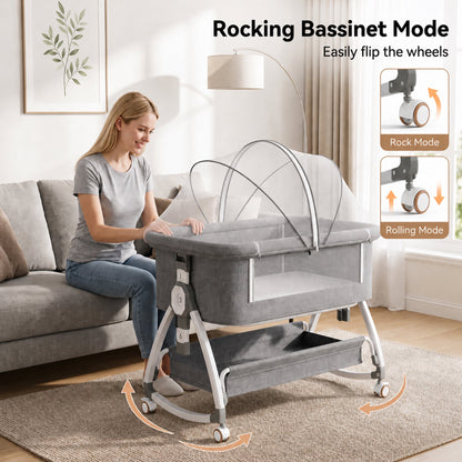 Chastar Bassinet Bedside, Portable Baby Crib with 6 Adjustable Heights and Breathable Mesh Panels, Foldable, Gray