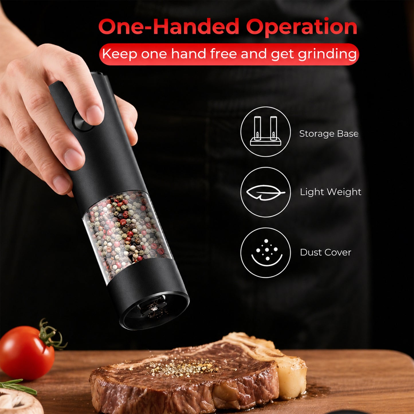 M Buder Electric Salt and Pepper Grinder Set, Automatic USB Rechargeable Pepper Mill Shakers Adjustable Coarseness Easy Filling, 2 Pack, Black