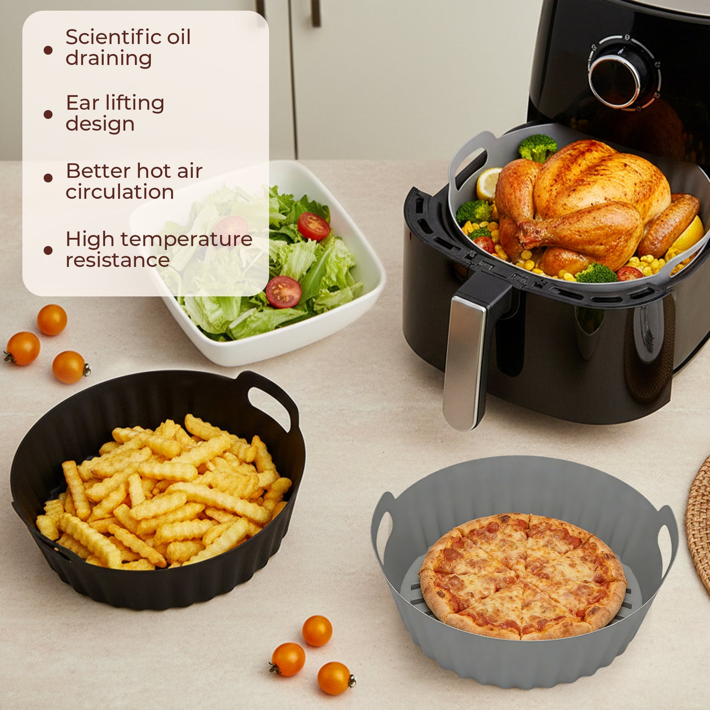 M Buder 2 Pack Silicone Air Fryer Liners, 4-7 QT Air Fryers, Reusable Food Grade Basket Bowl, Replacement for Parchment Paper, Baking Tray Oven Accessories, Round Gray&Black (Top 7.9in, Bottom 6.7in)