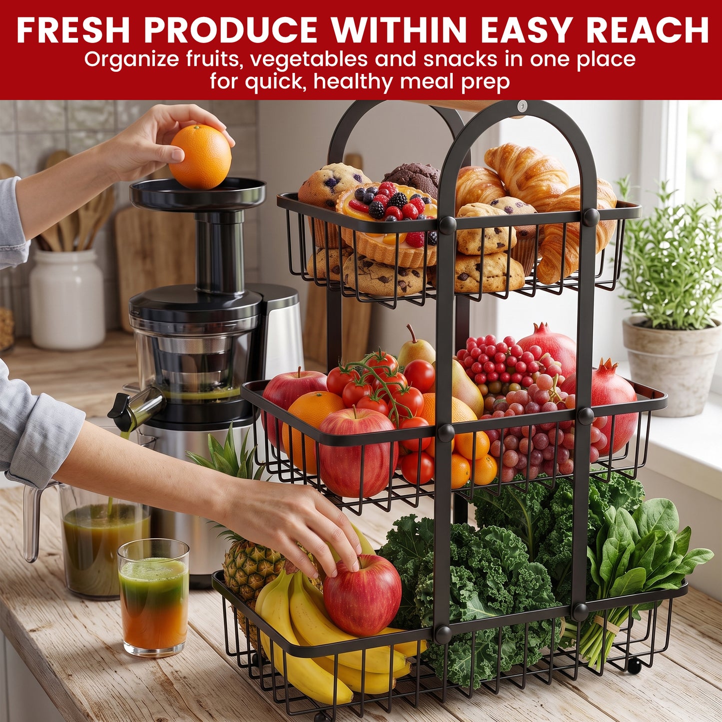 Riousery 3-Tier Fruit Basket for Kitchen Counter, Metal Fruit Stand with Wooden Handle, Large Wire Produce Organizer for Fruits, Vegetables, Bread & Snacks, Black
