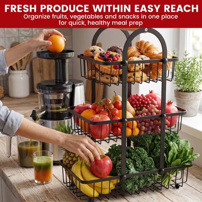 Riousery 3-Tier Fruit Basket for Kitchen Counter, Metal Fruit Stand with Wooden Handle, Large Wire Produce Organizer for Fruits, Vegetables, Bread & Snacks, Black