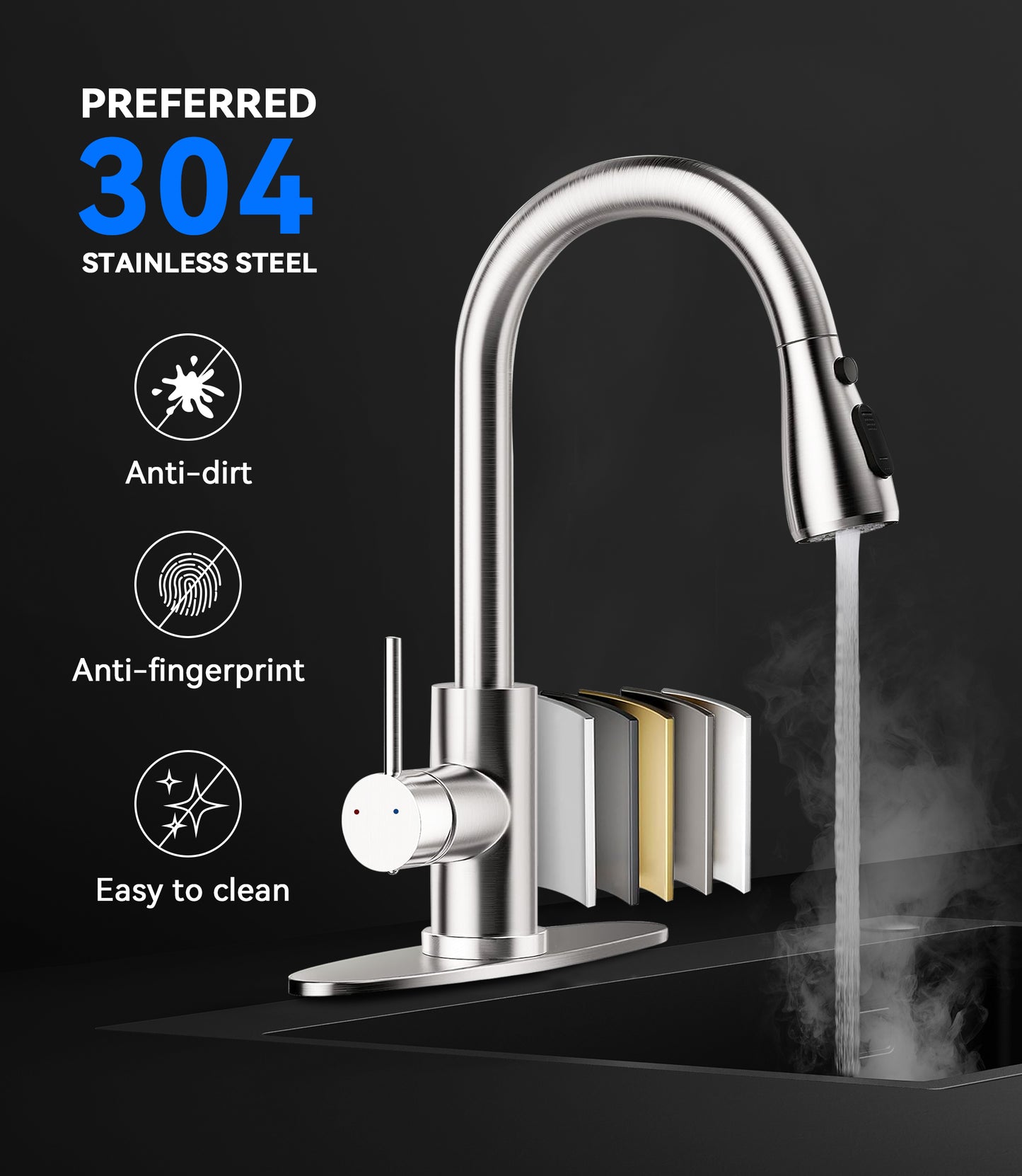 Hodvit Kitchen Faucet with Pull Down Sprayer, Stainless Steel Kitchen Sink Faucet with Deck Plate to Cover