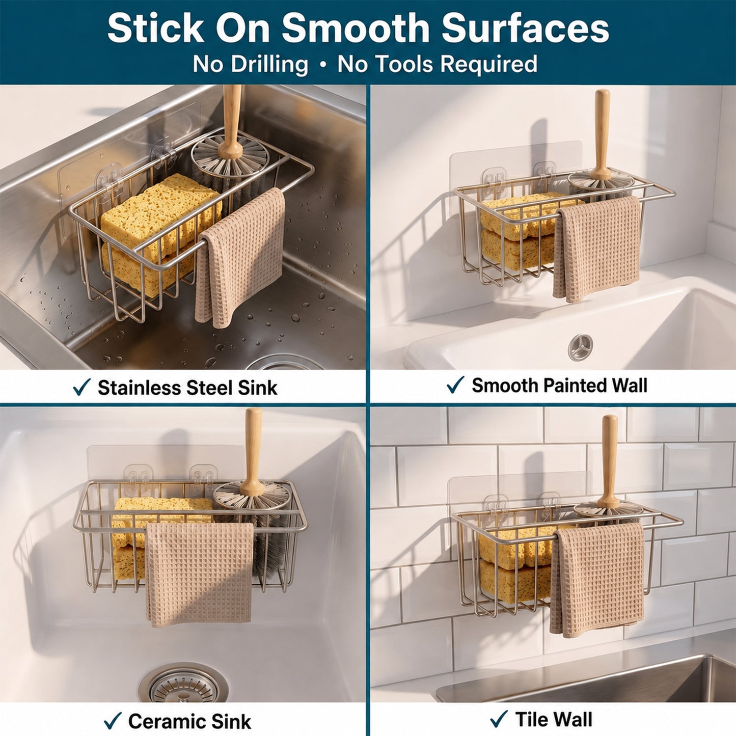 Riousery Compact Kitchen Sink Caddy, Adhesive Sponge Holder, 6.7 x 4.0 x 2.9 in Stainless Steel Mini Sink Organizer with Brush Holder and Dishcloth Bar, Rust Resistant