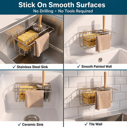 Riousery Compact Kitchen Sink Caddy, Adhesive Sponge Holder, 6.7 x 4.0 x 2.9 in Stainless Steel Mini Sink Organizer with Brush Holder and Dishcloth Bar, Rust Resistant