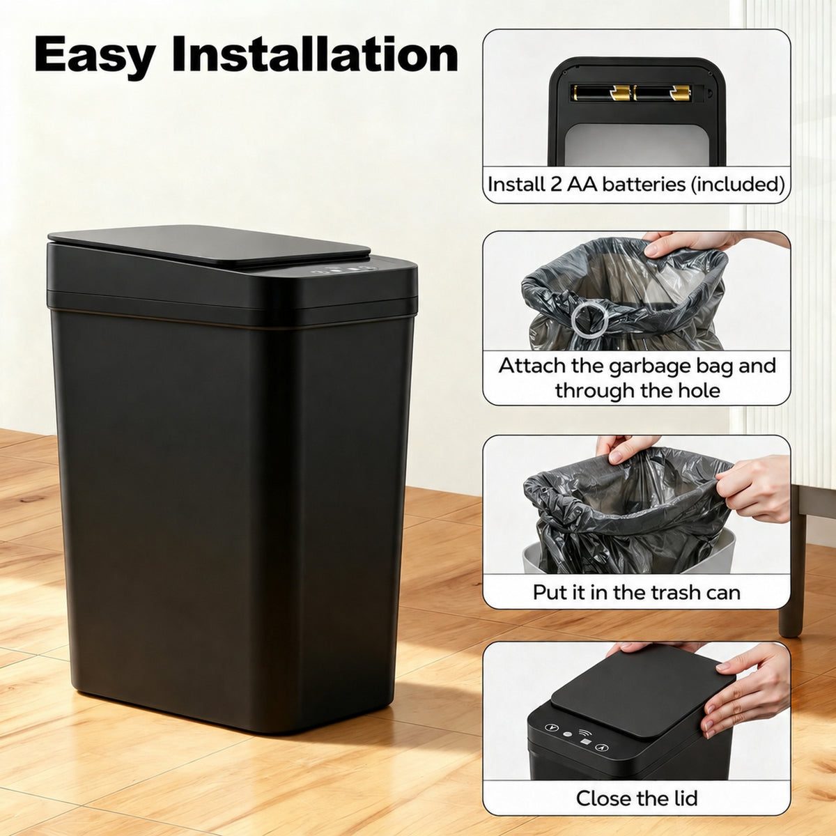 Riousery 2-Pack Touchless Bathroom Trash Can, 3.5-Gallon Slim Automatic Motion Sensor Garbage Can with Lid, Black