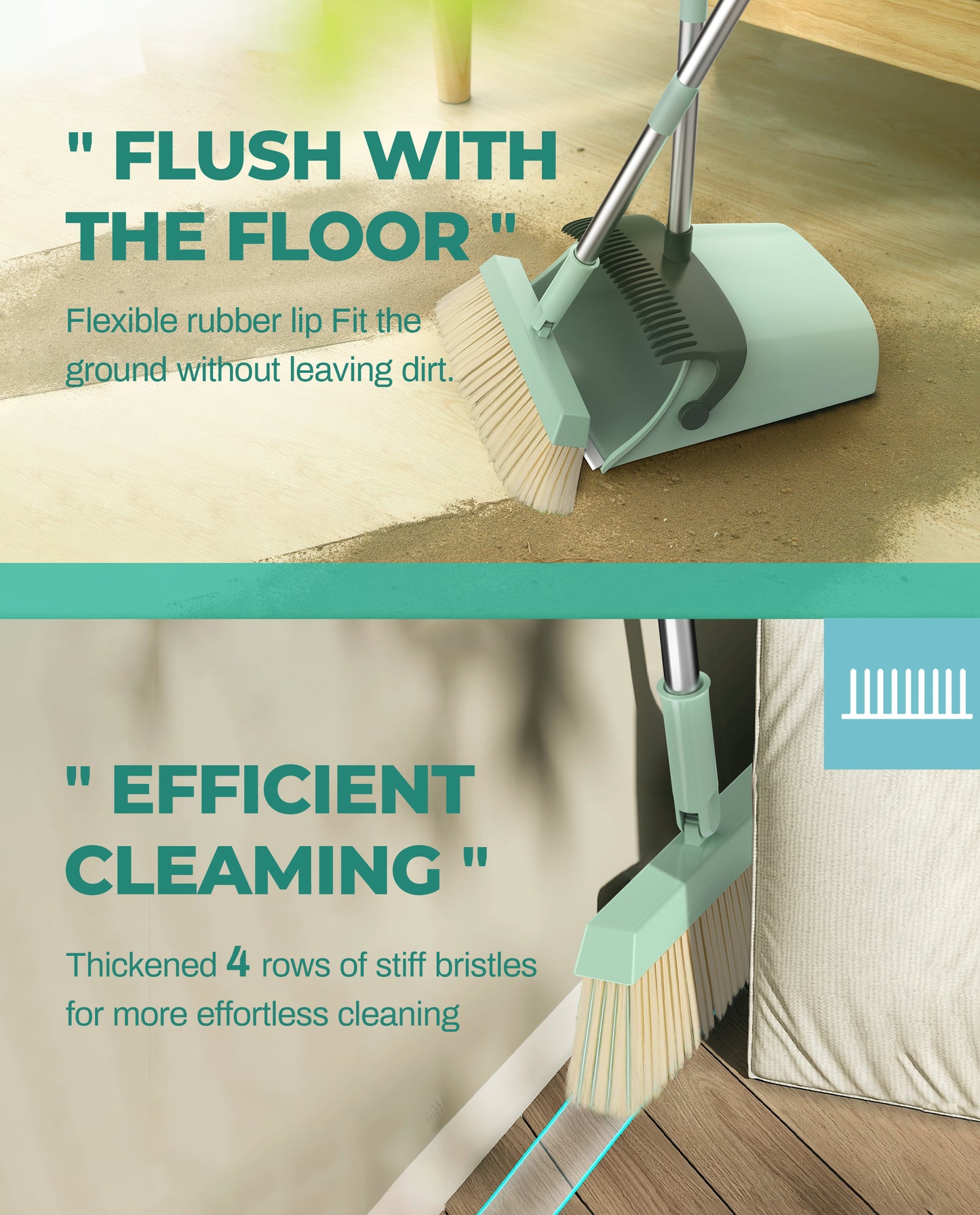 BIMZUC Broom and Dustpan Set for Home, Dustpan & Broom W/Comb, 51" Long Handle, Cyan Cleaning Tools