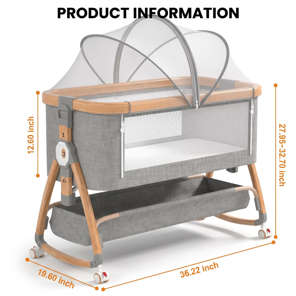 Chastar Bassinet, Foldable Bedside Bassinet with 6 Adjustable Heights and Mesh Panels, for Newborns, Gray