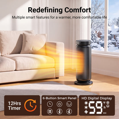 Lairy 1500W Space Heater for Indoor, 16" Portable Electric Heater for Desk and Floor, 2 Heat Settings, ECO Thermostat, Oscillation, Timer, Black