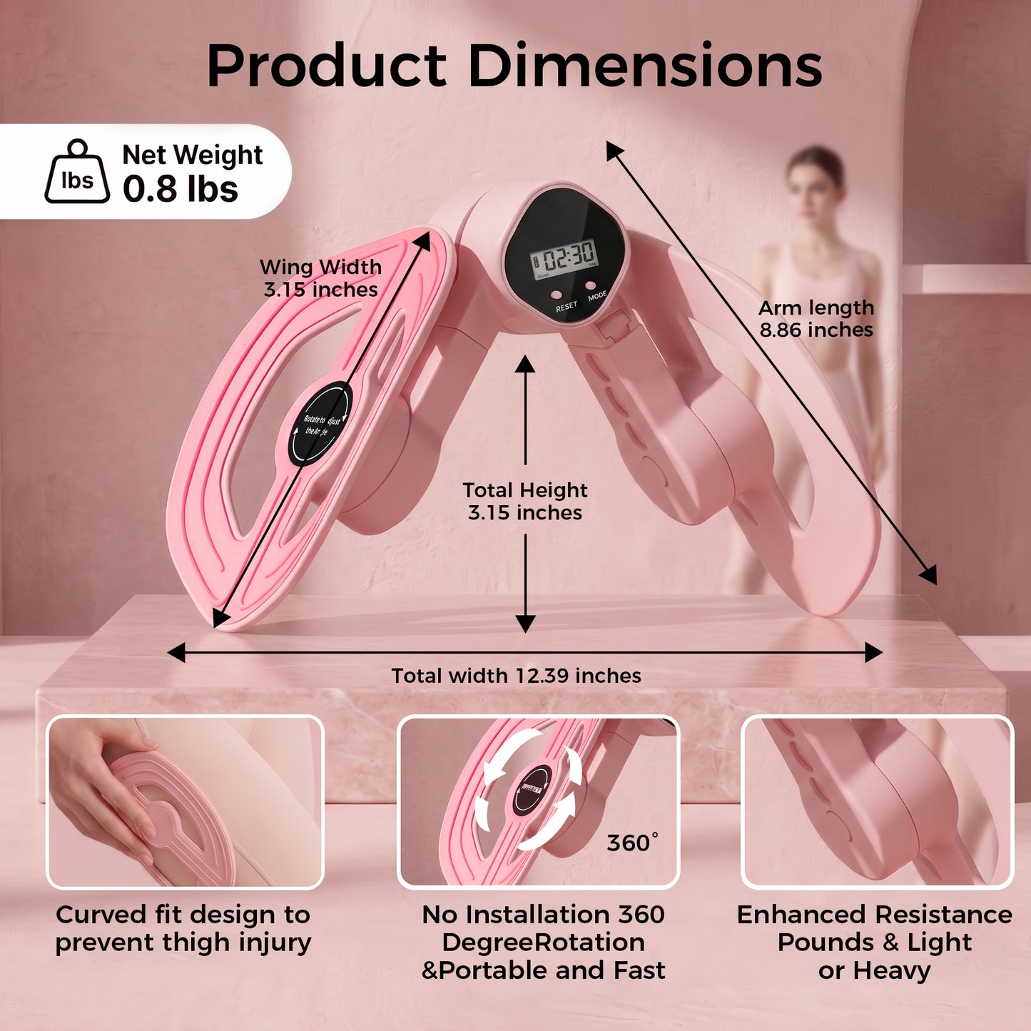 Smart Thigh and Leg Exerciser for Women, Lower Body Resistance Trainer with Digital Counter, Adjustable Length Home Gym Equipment, Pink