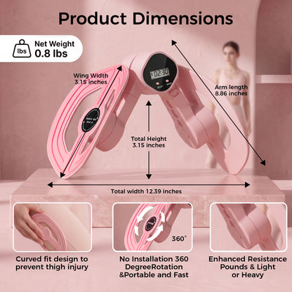 Smart Thigh and Leg Exerciser for Women, Lower Body Resistance Trainer with Digital Counter, Adjustable Length Home Gym Equipment, Pink