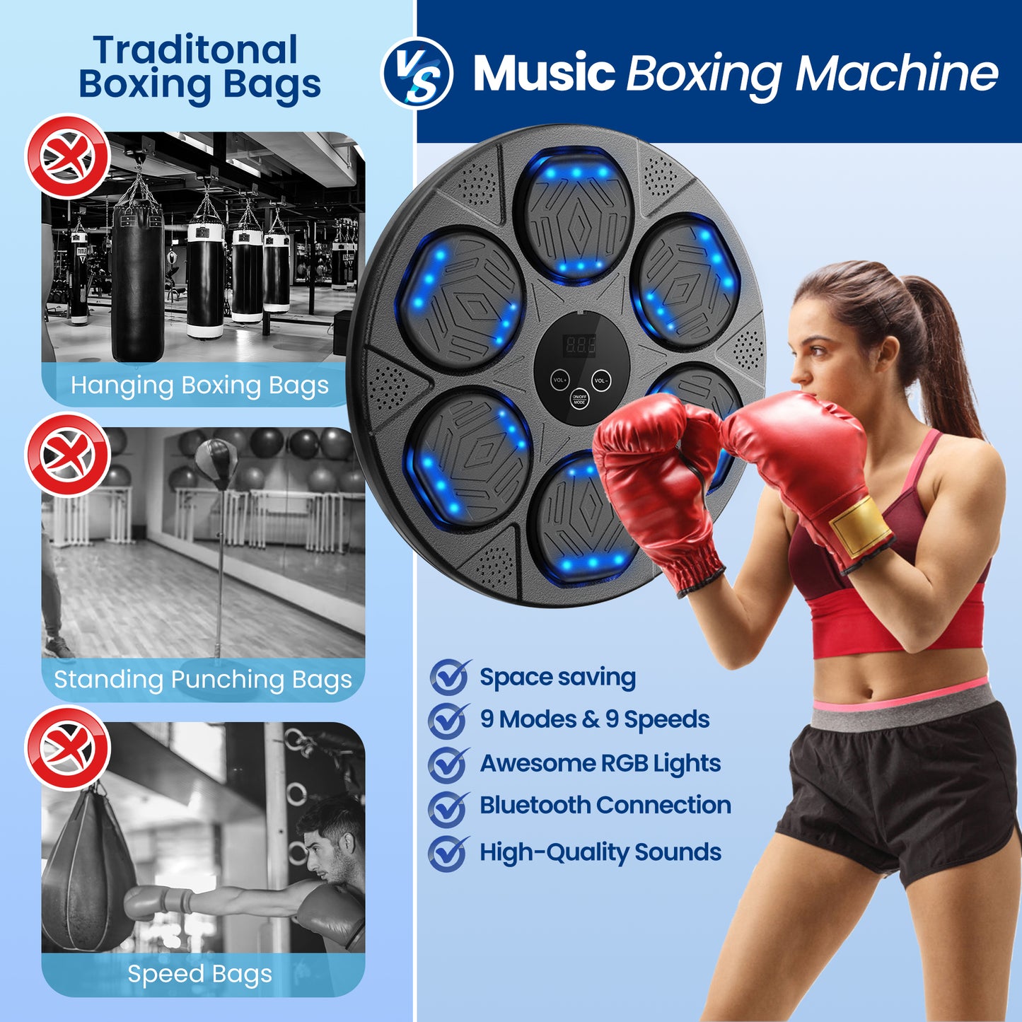 OPMUKIN Music Boxing Machine, Workout Equipment with LED Guidance, Touch Control, Bluetooth Audio, for Adults, Family Games, Black