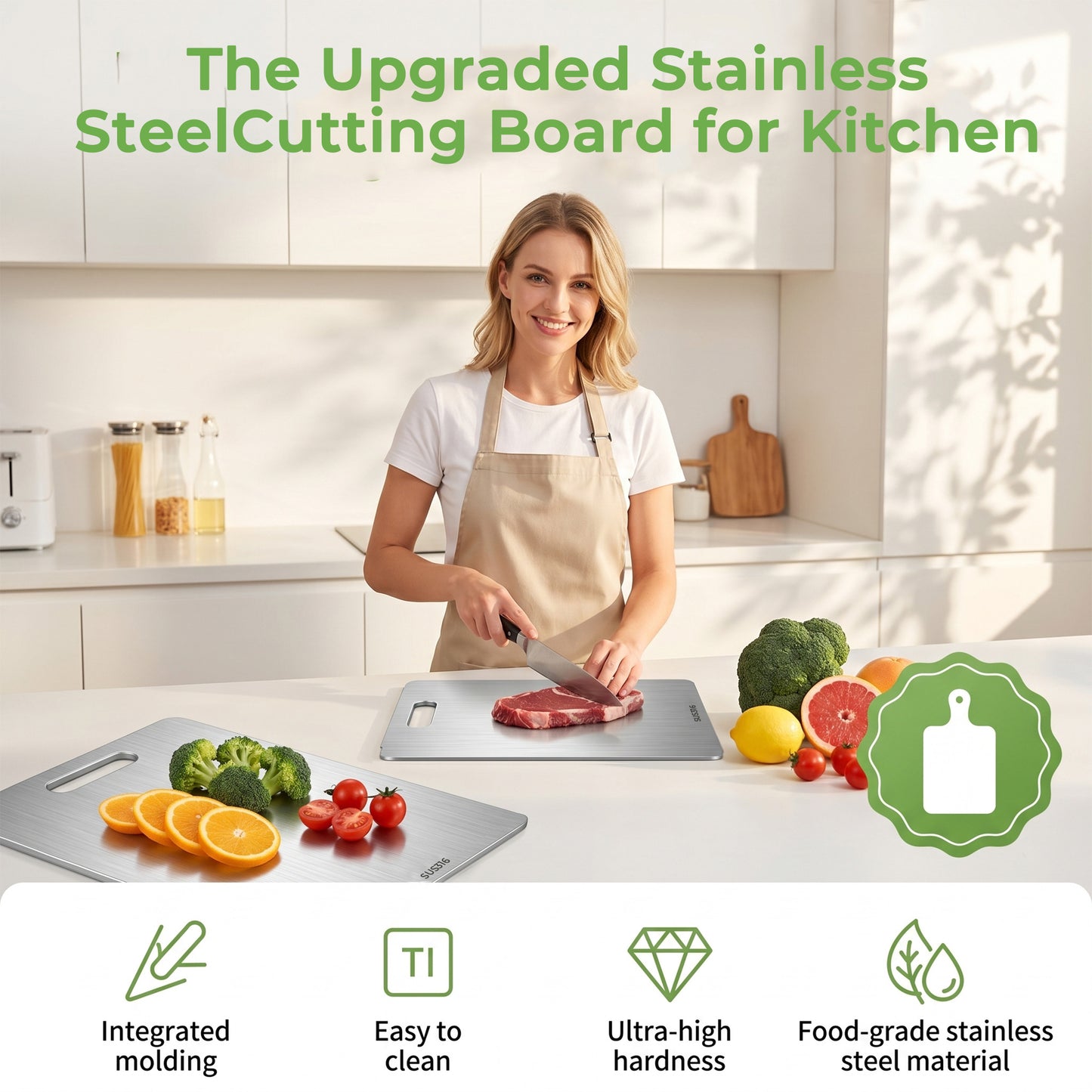 M Buder Stainless Steel Cutting Board, 11”X15.35” Double Sided Cutting Board for Kitchen, Metal Cutting Board for Meat, Fruits, Vegetables