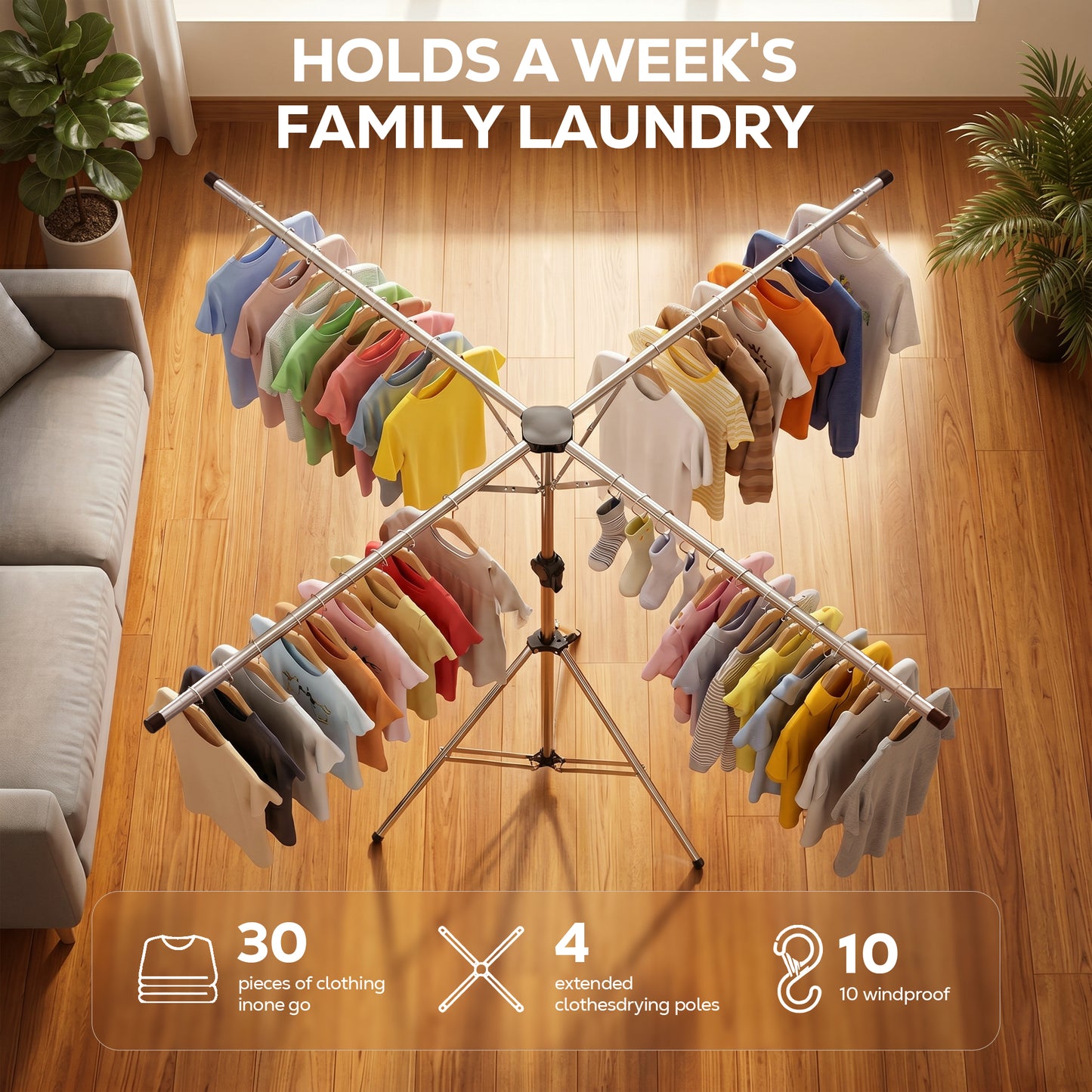 Riousery Tripod Clothes Drying Rack, 4-Arm Foldable Laundry Drying Stand with 71" Adjustable Height & 79" Extra-Wide Drying Space, Stainless Steel Portable Rack with Windproof Hanger Hooks