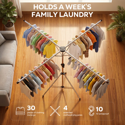 Riousery Tripod Clothes Drying Rack, 4-Arm Foldable Laundry Drying Stand with 71" Adjustable Height & 79" Extra-Wide Drying Space, Stainless Steel Portable Rack with Windproof Hanger Hooks