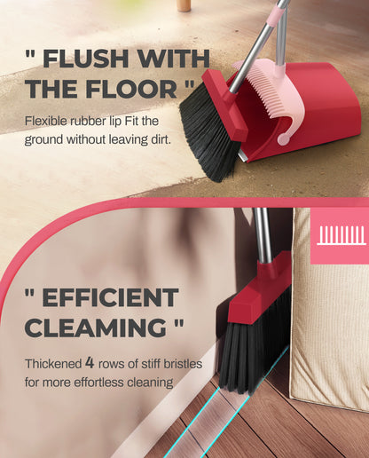 BIMZUC Broom and Dustpan Set for Home, 51" Long Handle Dustpan w/Comb, Broom & Dustpan, Rose Red