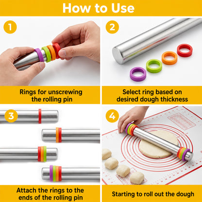 M Buder Stainless Steel Rolling Pin, Adjustable Metal Rolling Pin with Thickness Rings & Pastry Baking Mat for Baking, Dough Roller for Baking Pizza Dough Pie Cookie