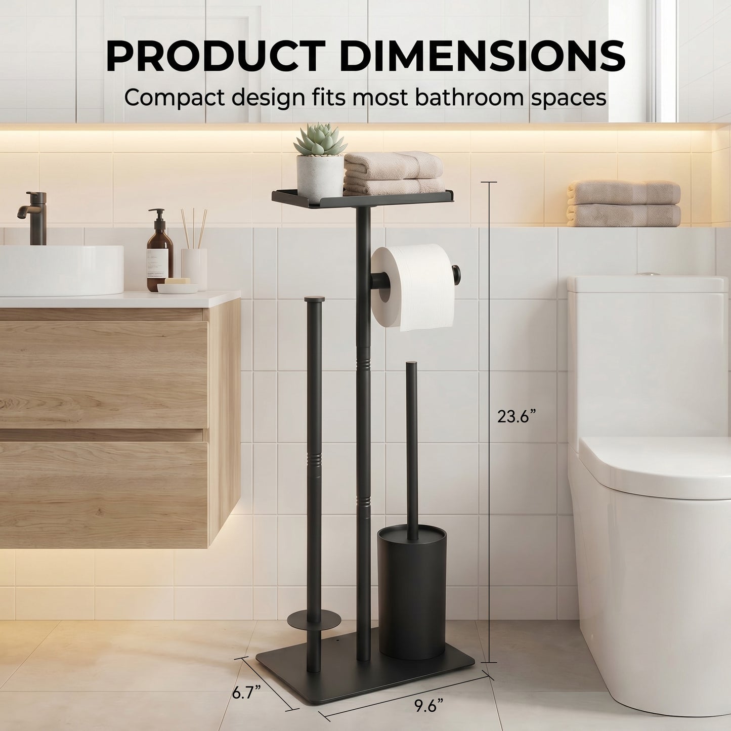 Riousery Toilet Paper Holder Stand with Shelf, Freestanding Bathroom Storage Organizer with Toilet Brush and Caddy Holder, Rustproof Metal, Black