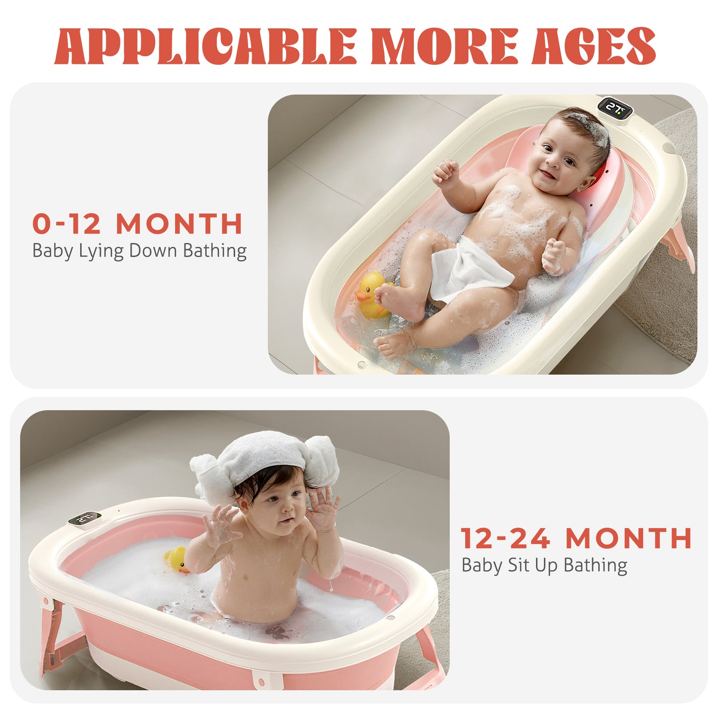 Rupoun Foldable Baby Bathtubs, Collapsible Bathtub for Infant Newborn Boys and Girls, Portable, Plastic, Pink