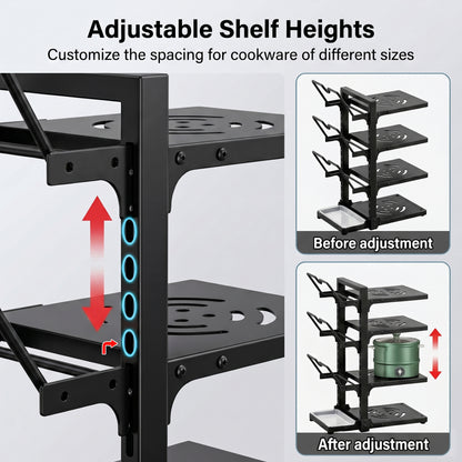 Riousery Pots and Pans Organizer, 7-Tier Adjustable Pan Rack with Lid Holder and Drip Tray, 220Lb Heavy Duty Metal Cookware Organizer for Kitchen Countertop & Cabinet, Black