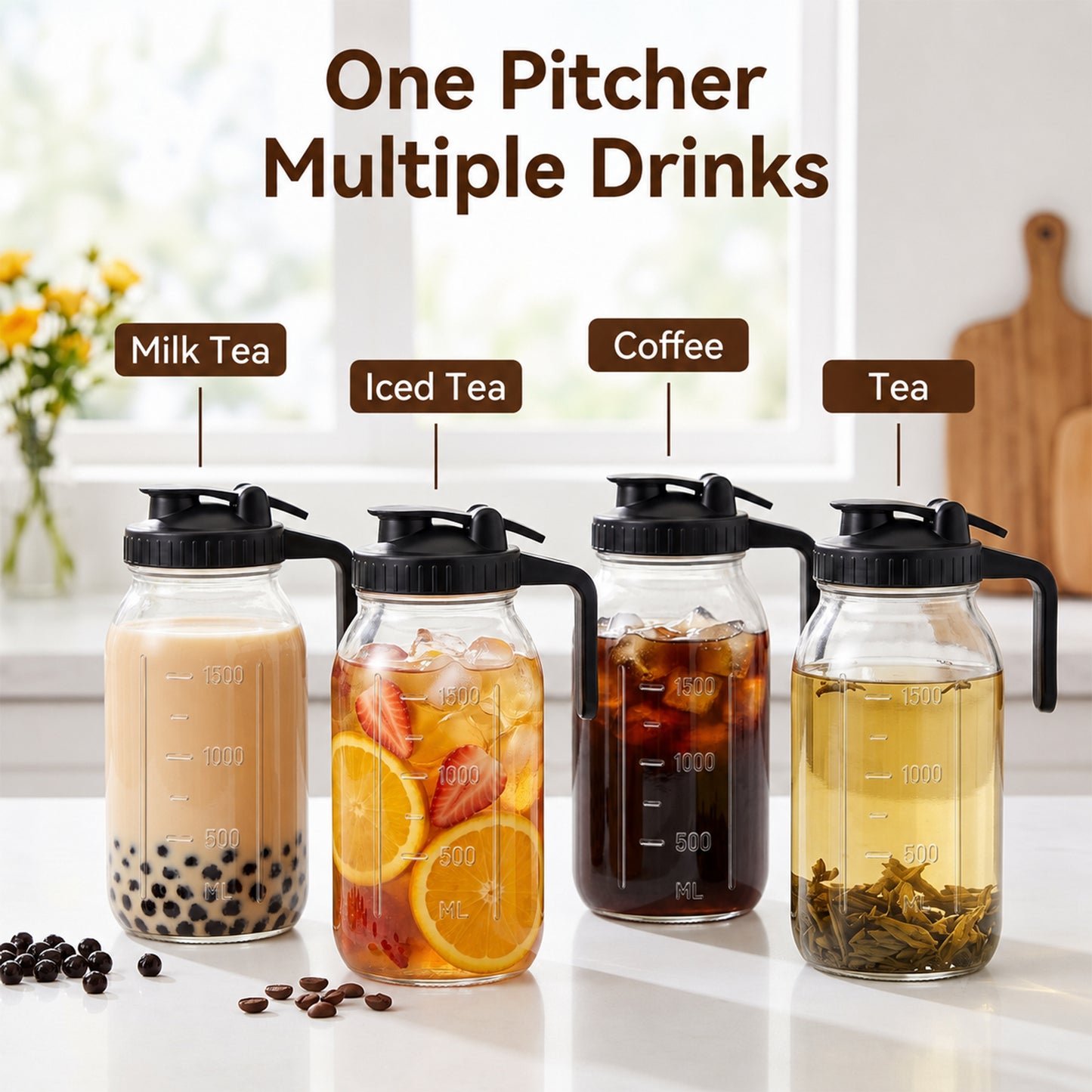 M Buder Cold Brew Coffee Maker, 64 oz Iced Coffee Maker with Stainless Steel Filter, Lid and Spout, No Leaks Mason Brew Jar Pitche for Iced Coffee, Tea
