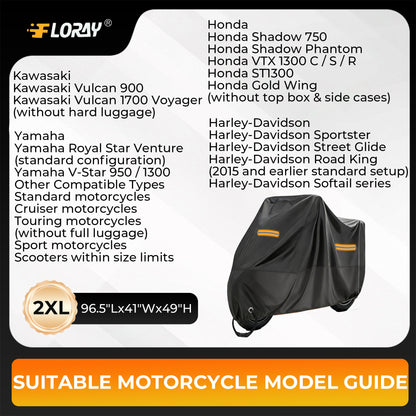 FLORAY Lightweight All-Season Motorcycle Cover, Waterproof Outdoor Protection with Reflective Strips and Windproof Buckles, 2XL, Black