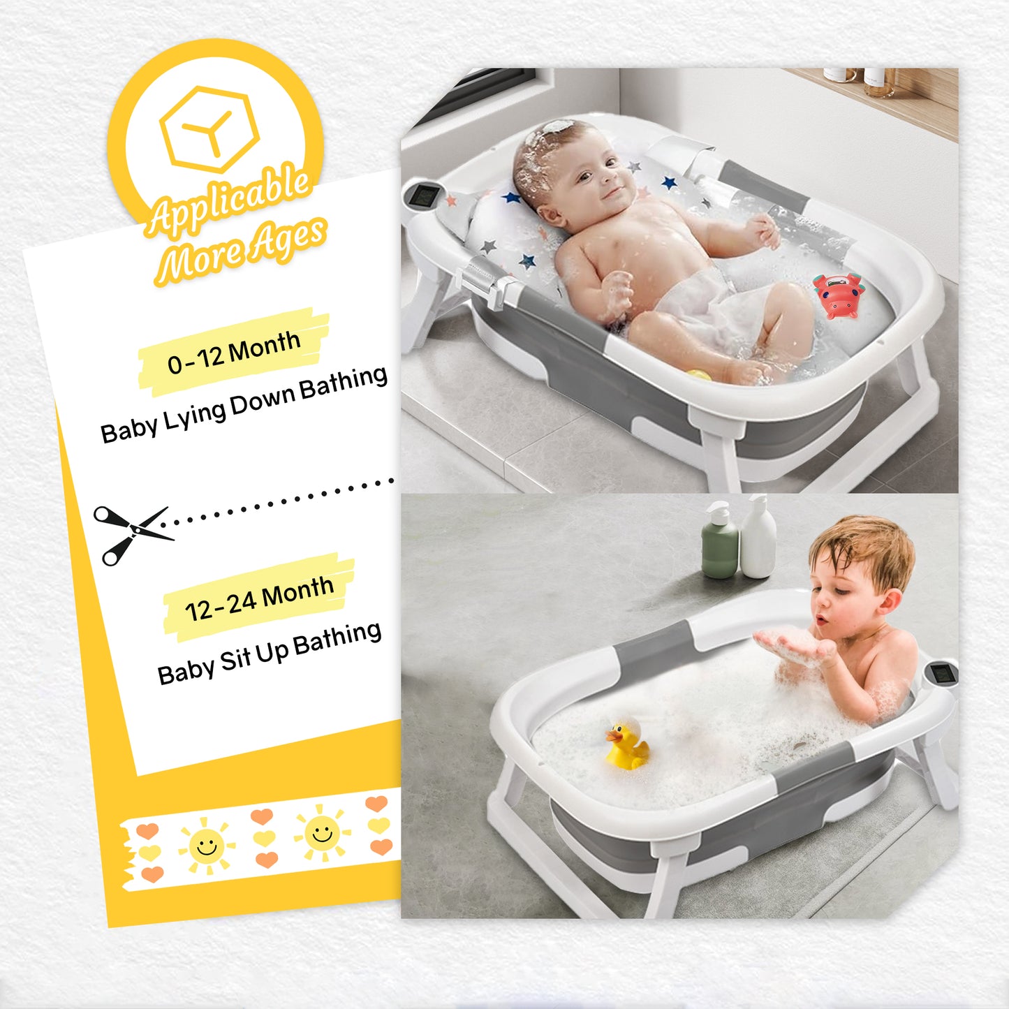 RUPOUN Baby Bathtub, Collapsible for Newborn Boys and Girls, Portable and Foldable, Gray