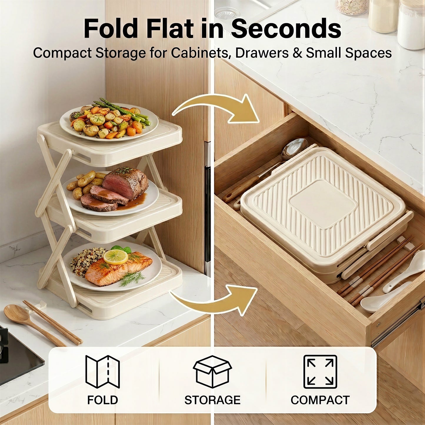 Alylo Kitchen Countertop Plate Organizer and Foldable Food Prep Rack, 3-Tier, ABS Plastic