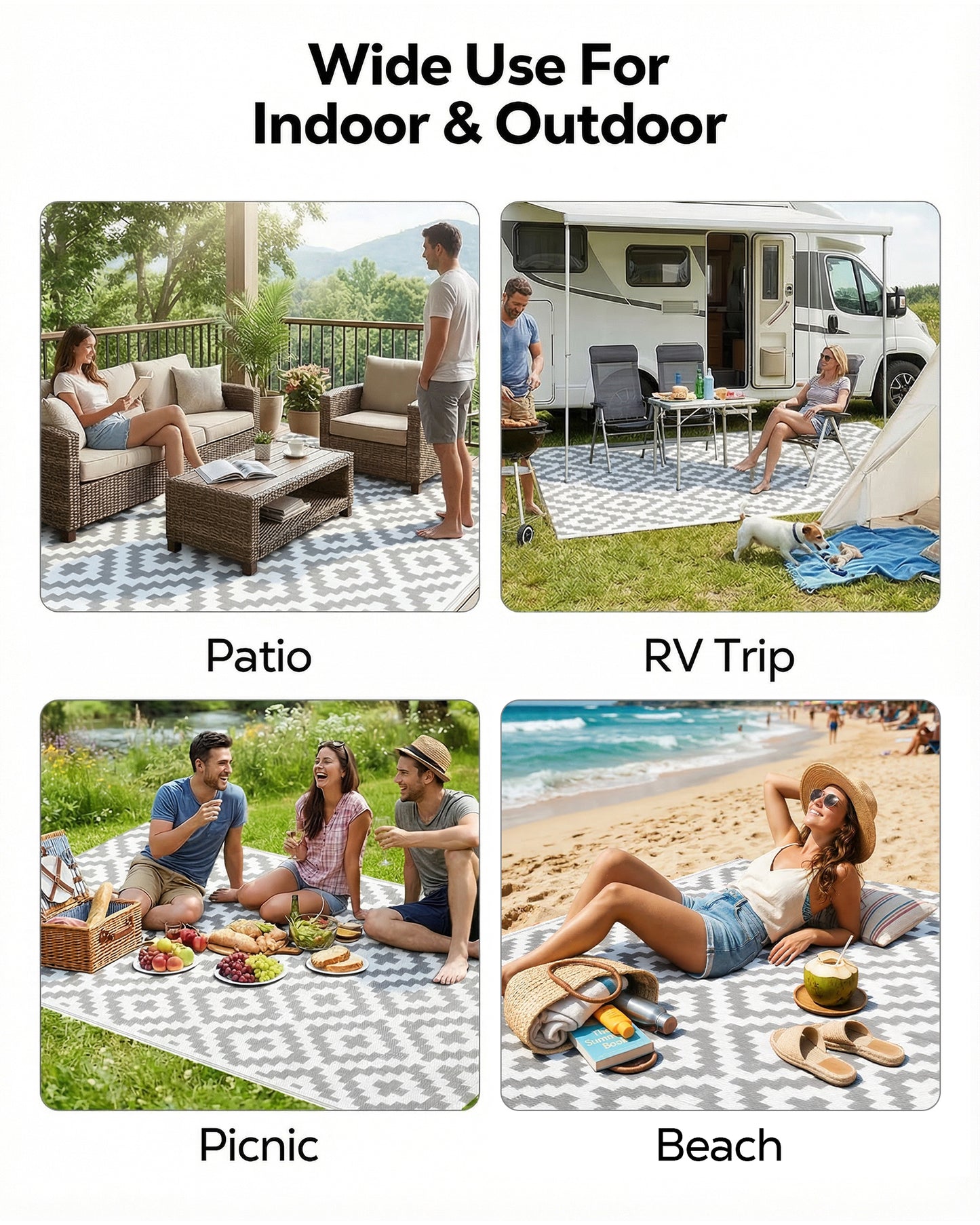 OHHANI Outdoor Rug, 6'x9', Waterproof Reversible Patio Rug, Plastic Straw Rug, RV Patio Deck Beach Gray