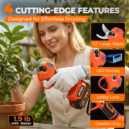 HOTREE Cordless Electric Pruning Shears with 2 Batteries, Adjustable 0.8 to 1.2 Inch Cutting Capacity and for Garden Orange