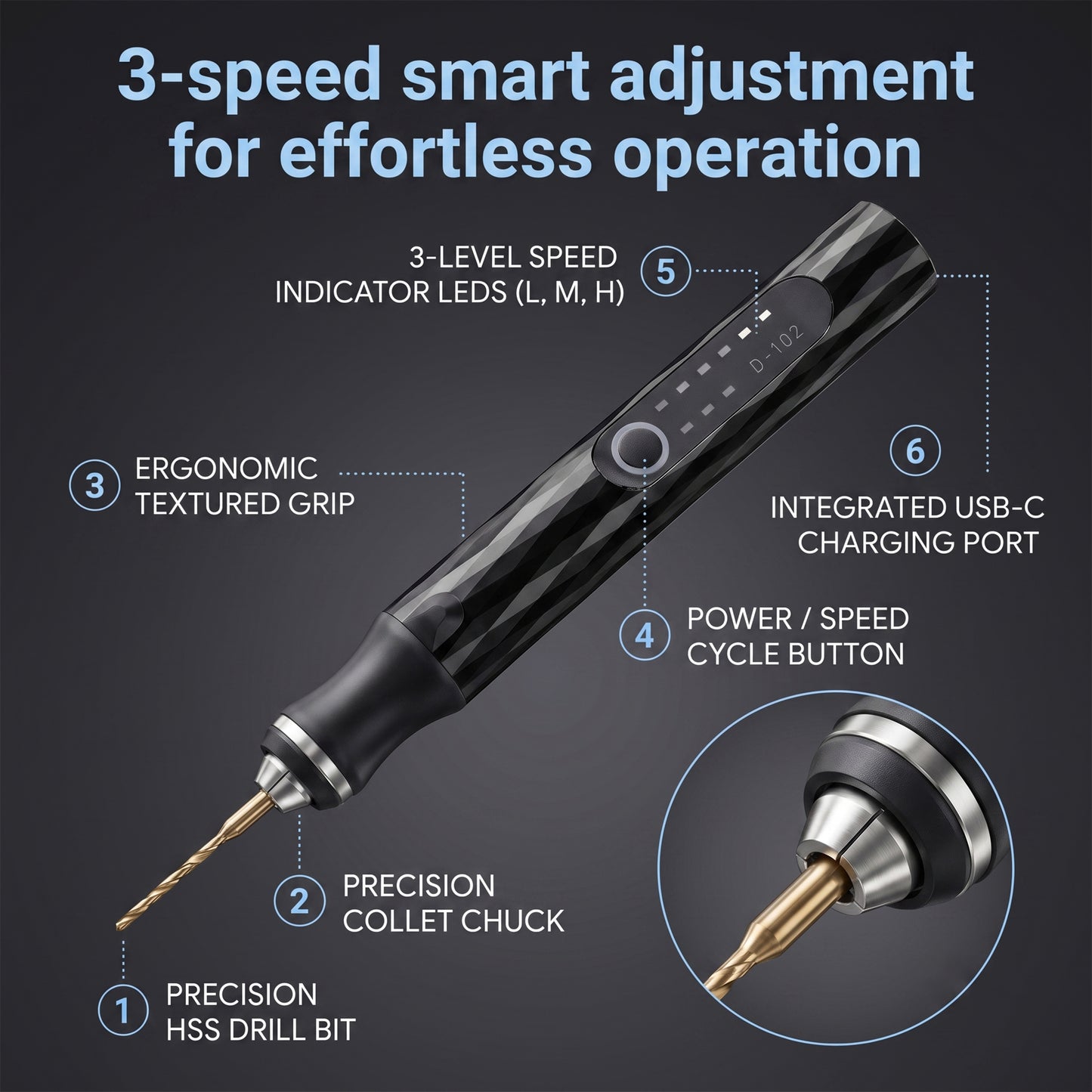 LZSDS Cordless Engraving Pen, 3-Speed Rechargeable Rotary Engraver Tool for DIY Craft Marking on Wood, Metal and Glass