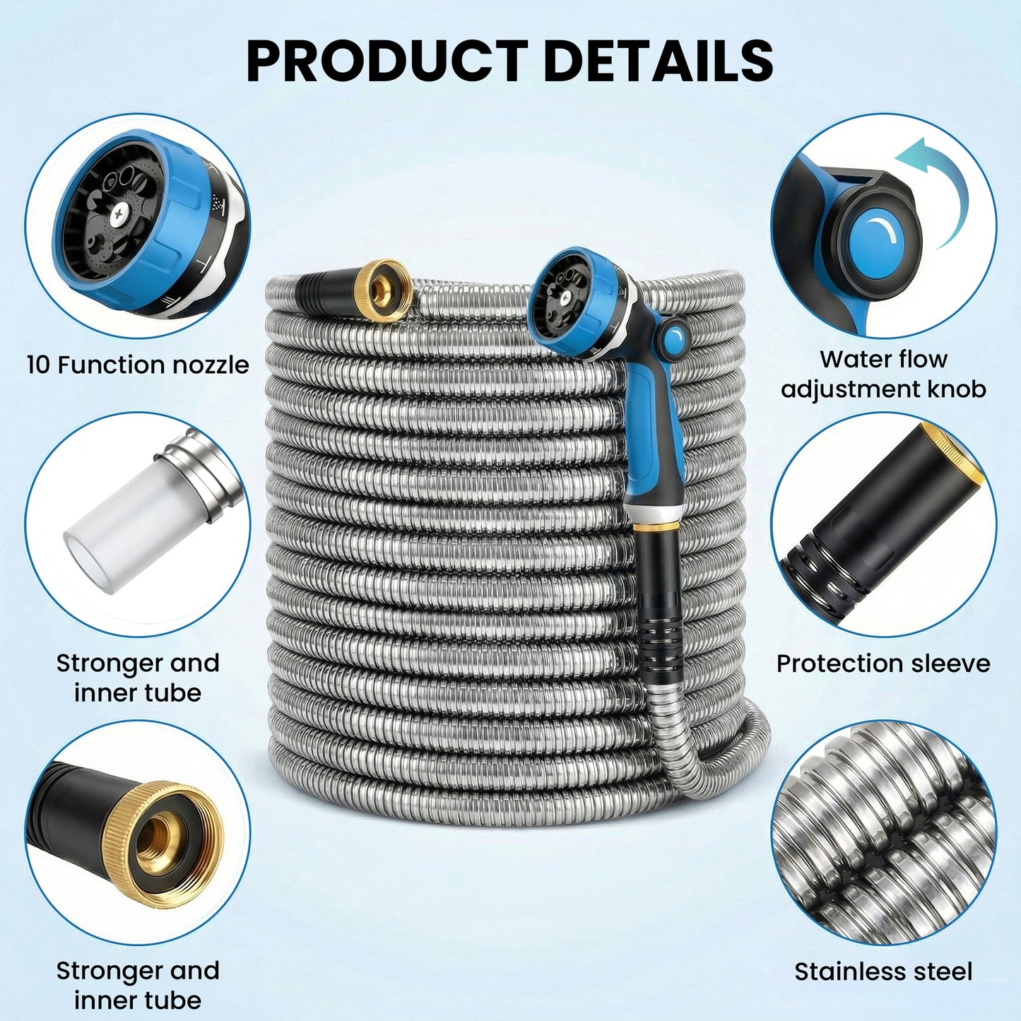 OHHANI Garden Hose 5/8" x 200ft Professional Stainless Steel Water Hose No Kink for Large Acreage, Construction, Agricultural Use