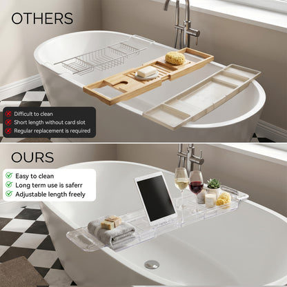 LZSDS Bathtub Rack Extendable 22.24-31.5 Inch, Acrylic Bath Tray with Adjustable Stand for Book Tablet and Wine Glass