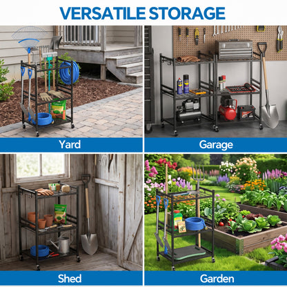 Riousery Garden Tool Organizer with Lockable Wheels, Heavy Duty Steel Yard Tool Rack, Garage Storage Stand with Hooks for Brooms, Rakes, Shovels, Mops