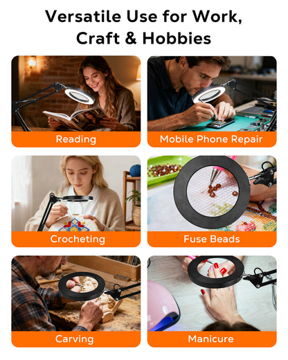 WEENEED 10X Magnifying Desk Lamp with Light, Adjustable Arm, USB Powered Magnifier Lamp with Clamp & Base for Reading, Repair, Crafts, Nail Beauty