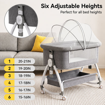 Chastar Bassinet Bedside, Portable Baby Crib with 6 Adjustable Heights and Breathable Mesh Panels, Foldable, Gray
