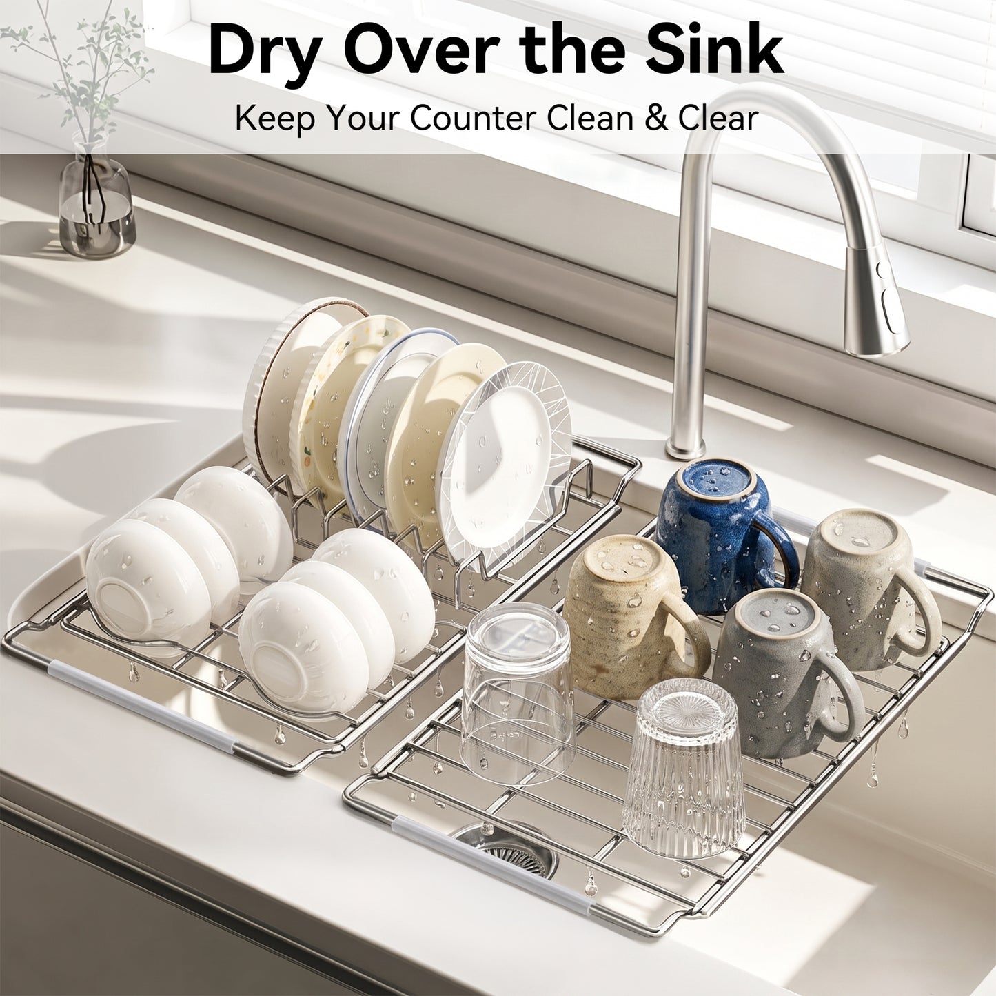 Riousery Over the Sink Dish Drying Rack Set, Expandable Stainless Steel Dish Rack, 2-Piece Adjustable Sink Drying Rack with Plate Holder & Flat Rack, 16-20 in