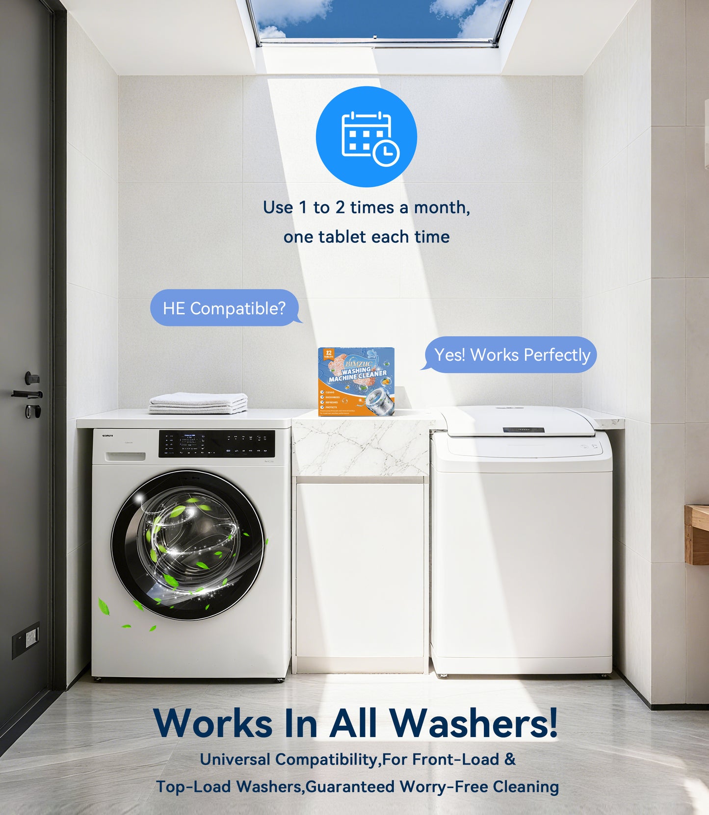 BIMZUC Washing Machine Cleaner Tablets (12 Count), Deep Cleans Front Load and Top Load Washers, Removes Odor Causing Residue & Buildup