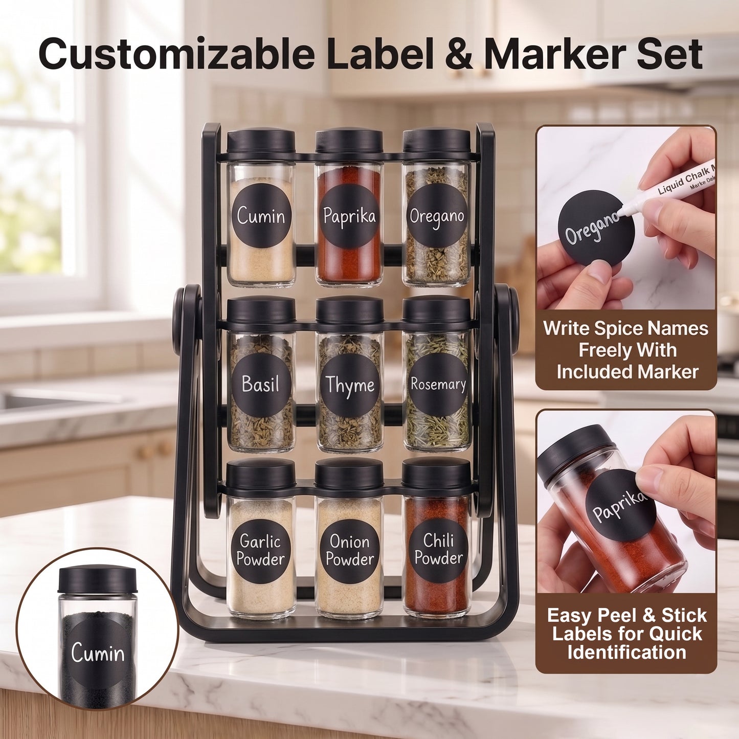 Alylo 360° Revolving Countertop Seasoning Holder and Cabinet Spice Rack Organizer, 18 Glass Jars, Black