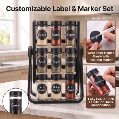 Alylo 360° Revolving Countertop Seasoning Holder and Cabinet Spice Rack Organizer, 18 Glass Jars, Black