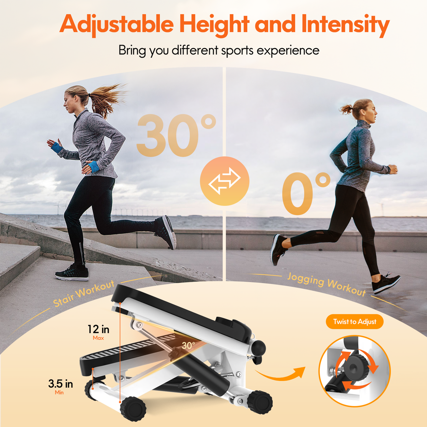 Opmukin Mini Steppers for Exercise, Mute The Sound with Resistance Bands, 331lbs Loading Capacity, Digital Monitor, Optional Twist Motion for Home Fitness - White