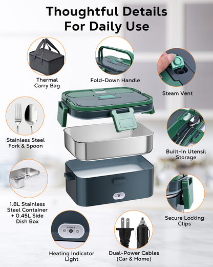 WEENEED Electric Lunch Box 1.8L, 60W Portable Food Heater for Car/Truck and Home, Stainless Steel with Fruit Box, Gray Green