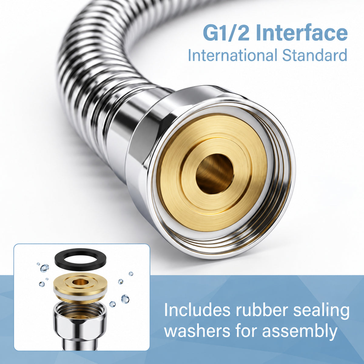 Lzsds 60-Inch 304 Stainless Steel Flexible Shower Hose with G1/2 Connection for Handheld Shower Heads, Chrome