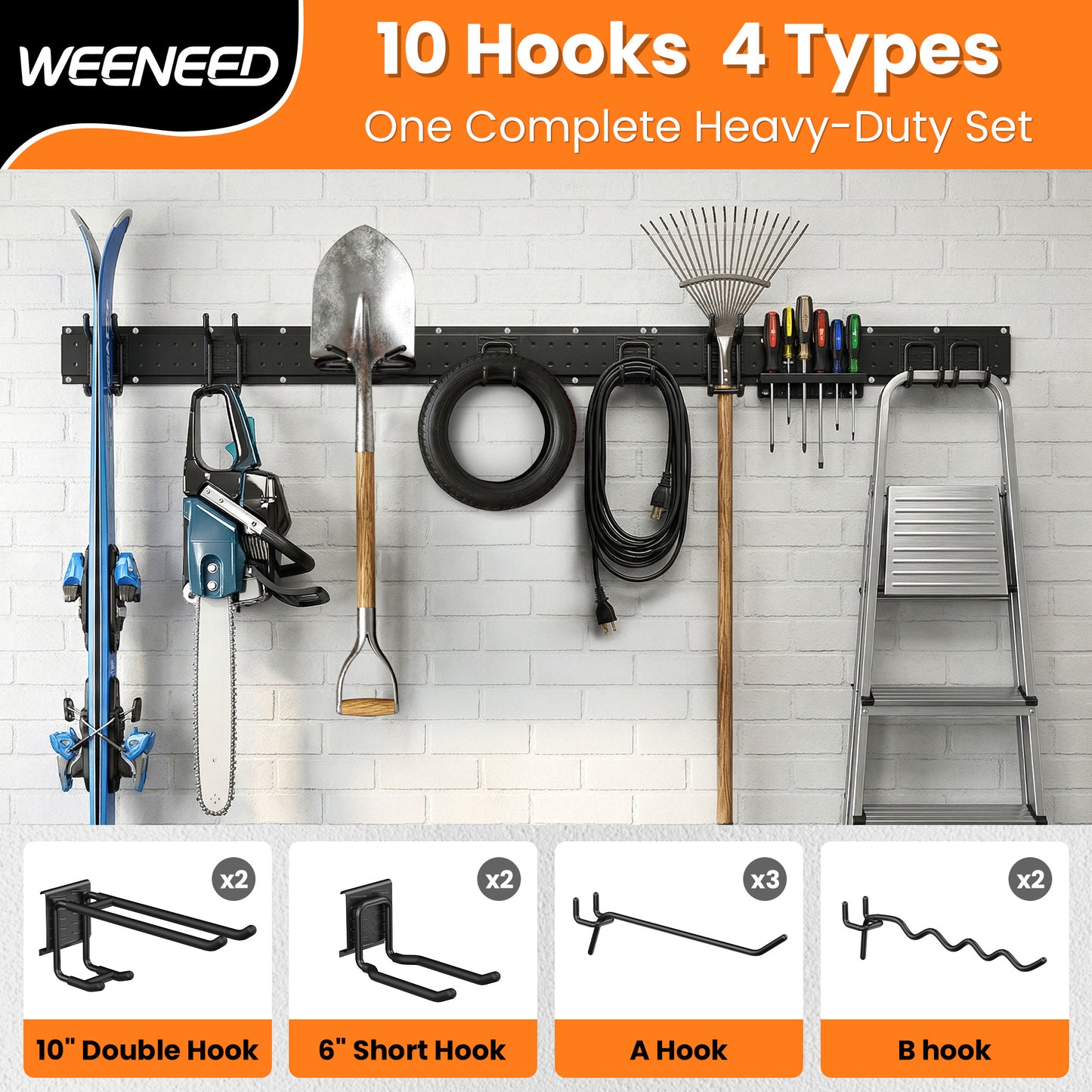 WEENEED Garage Tool Organizer Wall Mount 48 inches with 10 Adjustable Heavy-Duty Hooks, Garage Organization, Garden Tool Storage Rack, Yard, and Shed