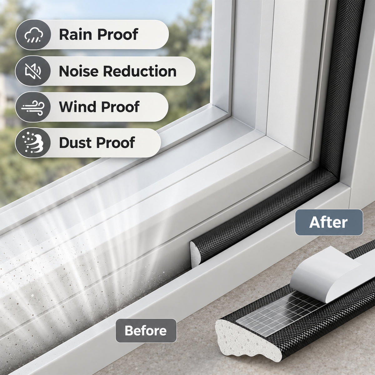 LZSDS Self-Adhesive Polyurethane Foam Door Weatherstrip, 33 ft Wedge-Shaped Window and Door Frame Seal, Black, 2-Pack