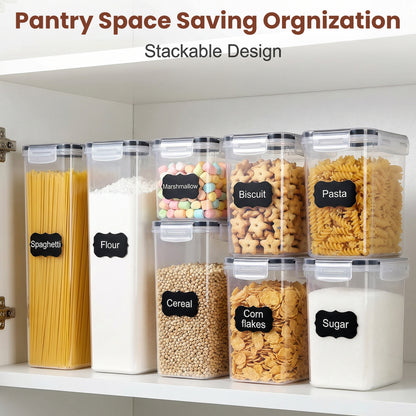 Riousery Airtight Food Storage Containers with Lids, 8-Piece Plastic Kitchen Pantry Canister Set for Cereal, Flour and Dry Food, with Labels and Marker