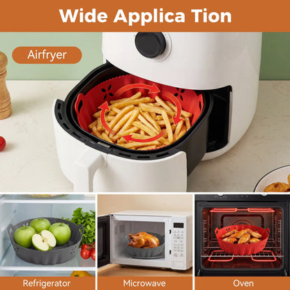 M Buder 2 Pack Silicone Air Fryer Liners with Side Holes, Round Reusable Basket Bowl Replacement for Parchment Paper, Fits 4-7 QT, Baking Tray Oven Accessories, Gray&Red (Top 7.9in, Bottom 6.7in)