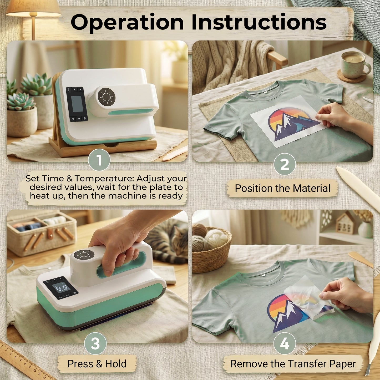 Reelexia Portable Heat Press Machine, for DIY T-Shirts and Bags, with Smart Auto Shut-Off - Green, 7.5" x 4.75"