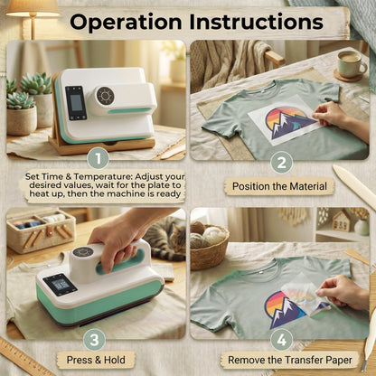 Reelexia Portable Heat Press Machine, for DIY T-Shirts and Bags, with Smart Auto Shut-Off - Green, 7.5" x 4.75"