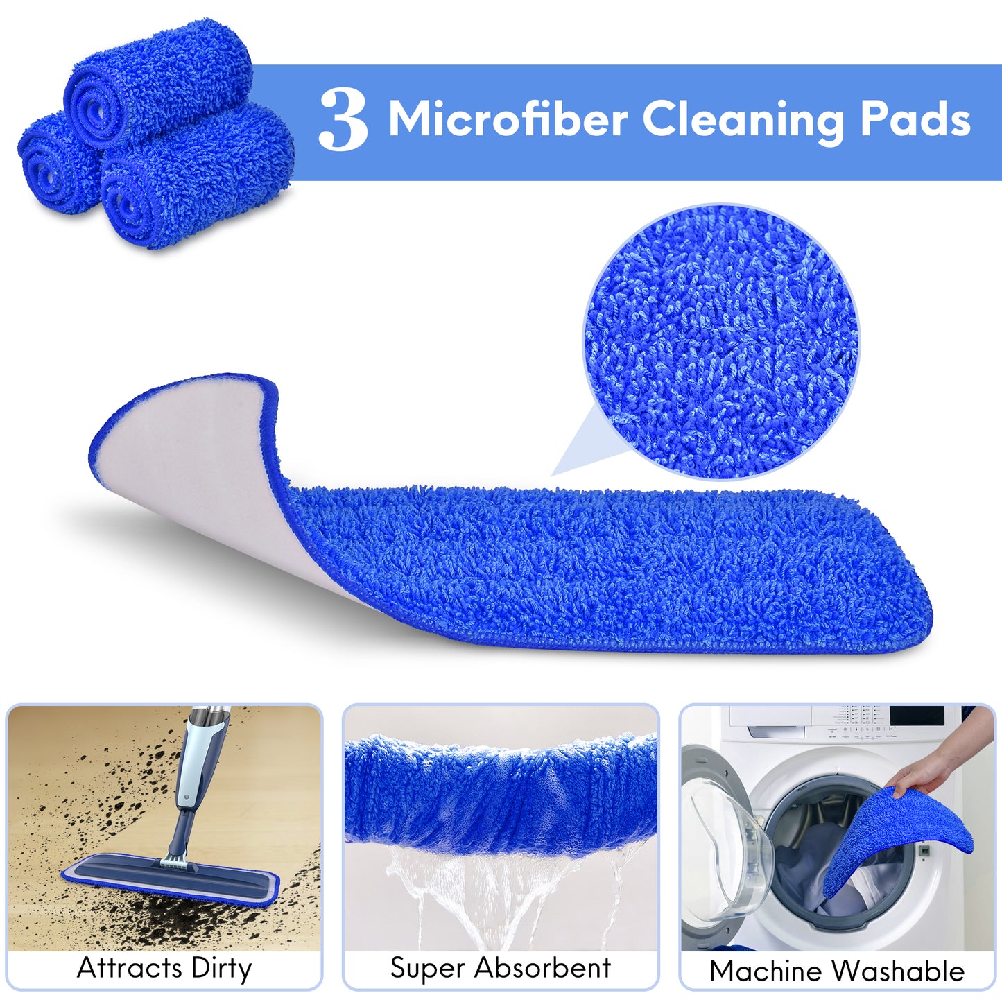 BIMZUC Spray Mop for Floor Cleaning Wet, with 14 oz Refillable Bottle and 3 Washable Microfiber Pads Home or Commercial Use, Blue